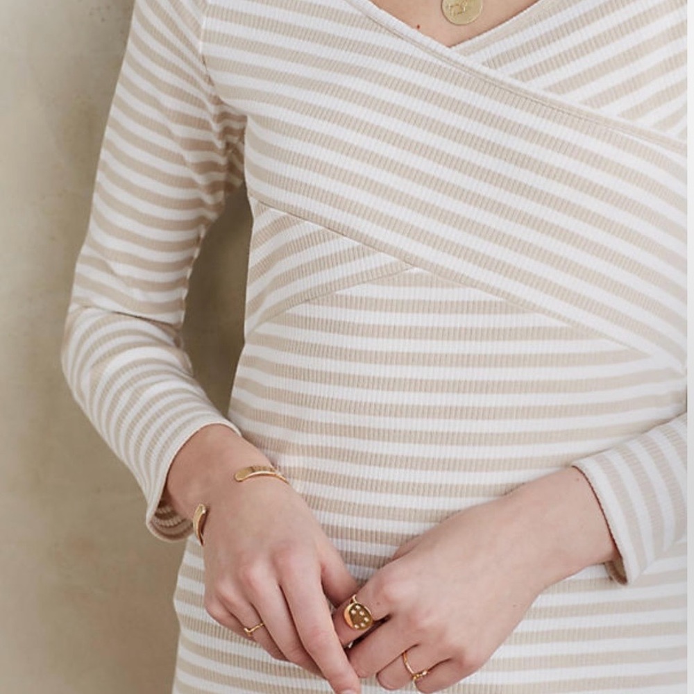 Anthropologie Deletta Beige & White Striped V-Neck Top